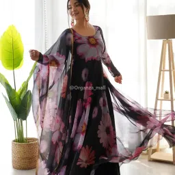 Women's Stylish Floral Printed Orgenza Anarkali Dress Gown, Kurta with Dupatta Set Anarkali Floral Printed Gown with Dupatta image 5