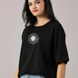rodzen Oversized Half Sleeves Drop Shoulder Cotton Blend Round Neck Printed T-Shirt for Women image 3