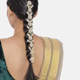 i jewels Women Gold Plated Traditional Handcrafted White Kundan And Pearl Studded Paranda/Hair Braid Pin Choti For Bridal Perfect For Wedding (T2098W) image 2