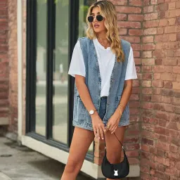 fulaida Denim Sleeveless Vest Waistcoat For Women | Button-Front Western Jacket image 3