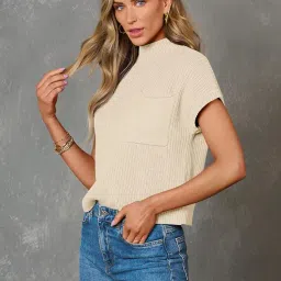 fensir Women’s Cotton Sweater Vest with Batwing Sleeves & Pocket | Half-High Collar Pullover Sweater image 2