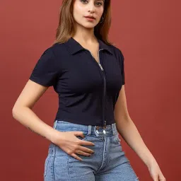 miniorra Womens Short Sleeve|Polo and Blouses Zippered Collared Business Casual Polo|Slim Fit Work Polo-DZ-05-NAVY_L image 3