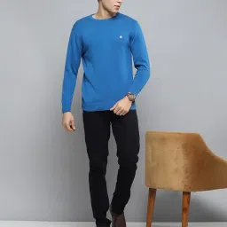 cloak & decker Mens Solid Blue Round Neck Full Sleeves Pullover image 4