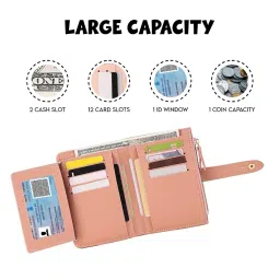elios Women's Wallet Vegan Leather Bifold Small Card Holder Coin Holder Compact Ladies Purse with 12 Card Slots, Zipper Pocket and RFID Blocking | Snap Closure | Mini Purse for Women (Peach) image 3