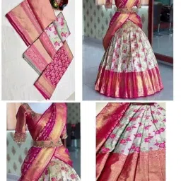 renvaani fashion Women's Faux Silk lahenga (Half Saree HT041 OW Pink Flower Free Size) image 2