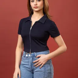 miniorra Womens Short Sleeve|Polo and Blouses Zippered Collared Business Casual Polo|Slim Fit Work Polo-DZ-05-NAVY_L image 4
