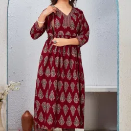 sky fab Women Viscose Rayon Anarkali Maternity And Feeding Zip kurti pant Set image 2