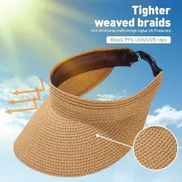 adtala Straw Hat Sun Cap for Women,Wide Brim Beach Hat for Women UV Protection Cap,Summer Packable Topper -UPF 50+, Korean Style Ponytail Topless Sun Visor Khaki image 1