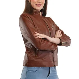 askstar Women's Maroon Faux Leather Jacket with Zip Closure, 53 cm (IN, Alpha, 3XL, Regular, TAN) image 1
