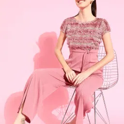 miss chase Women's Round Neck Short Sleeve Embellished Front Slit Fringed Regular Jumpsuit with Pockets image 3