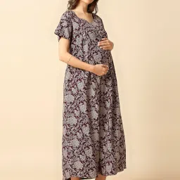 momtobe Women's Cotton Blend Maxi Maternity Nighty/Feeding Nighty/Pregnancy Night Gown/A-Line Nursing Nighty with Zippers for Nursing Pre and Post Pregnancy image 2