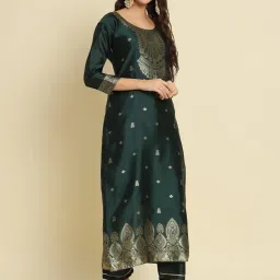 vredevogel Women's Cotton Silk Jacquard Kurta Pant Set with Banarasi Silk Dupatta image 2