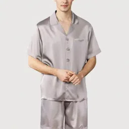 bellababebysk Bella Babe by SK Men Silver Half Sleeve Satin Night Suit with Shorts image 1