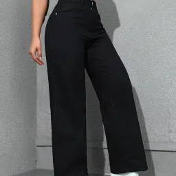 chalodia Women's High Waist Wide Leg Straight Fit Comfortable Stylish Black Denim Jeans (Black -28) image 4