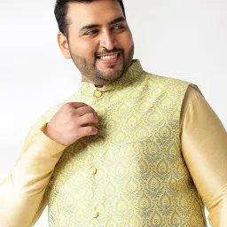 sojanya Plus (Since 1958) Men's Silk Blend Gold Kurta & Pyjama with Jacquard Silk Nehru Jacket image 4
