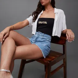 miss chase Women's Relaxed Fit Highly Distressed Mid Rise Ripped Denim Shorts image 5