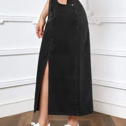 aahwan Women's & Girl's Solid High Waist Slit Below The Knee Denim Skirt image 2