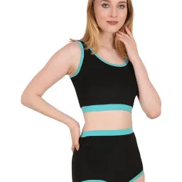 CREVOX Two Piece Swim Wear/Swim Suit with Solid Black Crop Top & Black Bottom for Women | Non Padded | 100% Nylon | Swimming Costume | image 1