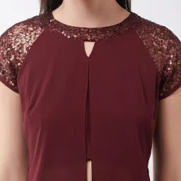 miss chase Women's Wine Solid Regular Length Round Neck Short Sleeves Embellished Jumpsuit image 4