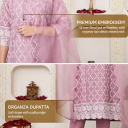 amazon brand - myx Women's Embroidered Cotton Kurta Pant Set with Organza Dupatta image 2
