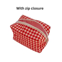 Red Gingham Cotton Pouch Bag, Multipurpose Travel Organizer with Zipper, 17 x 11 x 12 cm image 2