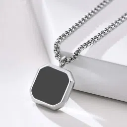 riseabove Valentine Gift For Boyfriend Silver Chain For Men Stainless Steel Geometric Silver Pendant With Black Leather Bracelet For Men Boys Love Gifts Combo image 2