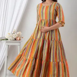 henal Women's Printed Maternity Dress Pregnancy Casual 3/4 Sleeve Dual Zipped for Feeding Nursing Maternity Comfort Dress Kurta - Orange image 4
