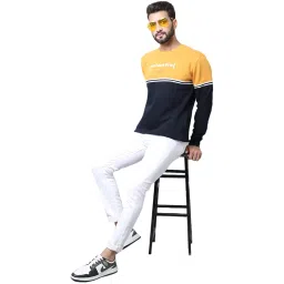 cantabil Men’s Casual Winter Wear Full Sleeves Round Neck Warm Typographic Prints Striped Design Cotton Sweatshirt – Mustard (MSWS00076_Mustard) image 4