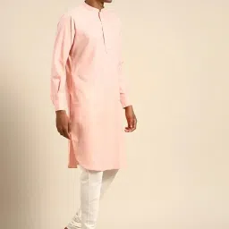 kisah Men's Kurta Sherwani Churidar Set Indo-Western, Pink Pure Cotton, Printed Long Sleeves Regular Fit Mandarin Collar image 3