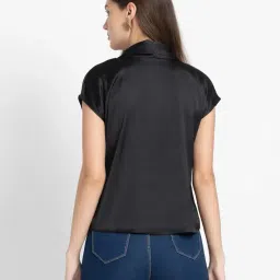 shaye Black Casual Sleeveless Cowl Neck Solid Satin Top for Women image 1