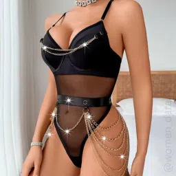 women data Sexy Black Lingerie Bodysuit for Women with Gold Chain Design – Luxury One Piece Lingerie Outfit – Romantic Honeymoon Anniversary Valentine Bridal Nightwear image 5