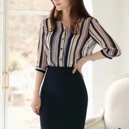 gg style GG Fashion Stylish Striped Western Top for Women | Casual Office Wear Shirt Style Top | Formal Look Ladies Blouse for Daily, Office & Outing – Blue & Black image 1