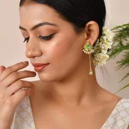 voylla Forever More Green Stones and Pearls Enamelled Drop Earrings|Enamelled Earrings For Women|Wedding |Festive|Gift For Women| image 2