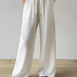 shasmi Women's High Rise Loose Wide-Leg Pants with Textured Wrinkled Fabric and Drawstring Waist Long Trousers (Pant 157) image 4