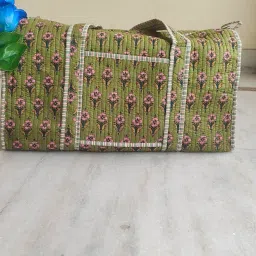 palmtree Floral Print Cotton Duffel Bag, Green with Pink Flowers, Quilted Travel Bag image 3