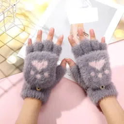 Girls Winter Gloves with Touch Screen Finger for Women Woolen warm Rabbit Fur Gloves Mittens | Soft Fleece Windproof Mobile Screen Touch Hand Gloves (Freesize) image 3