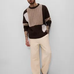 the souled store Colourblock Cable Knit Pullover: Mocha Men and Boys Long Sleeves Round Neck Acrylic Oversized Pullovers image 1
