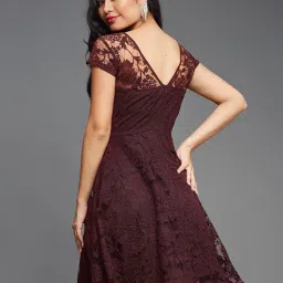 miss chase Women's Round Neck Cap Sleeves Low Back Lace Skater Knee-Length Dress image 3