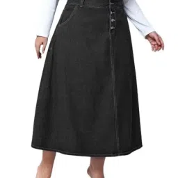 tripursundari fashion Washed Black Plus Size Buttoned A-Line Maxi Denim Women Skirt image 2