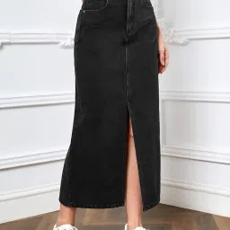 aahwan Women's & Girl's Solid High Waist Slit Below The Knee Denim Skirt image 3