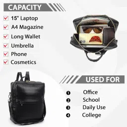 satic Standard 30L Laptop Backpack Leather Backpack for Women Elegant Genuine Backpack (Black) image 5