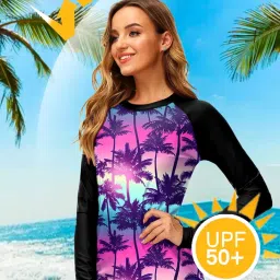 deerose Women UPF 50+ Rash Guard Printed Swim Shirts Surf Swimwear Top, Coconut Tree Pink, Small image 1