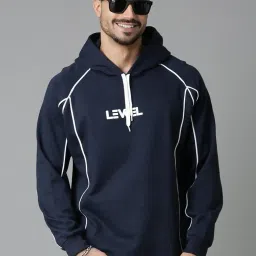 lewel Men's Stylish Multi Panelled Self Design Full Sleeve Hooded Sweatshirt (Navy) image 1