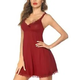 bella intima Lace Babydoll Lingerie Set with Net Fabric Thong Panty Chemise Mesh Printed Nightgown Sleepwear V Neck Nighty for Bridal’s Wedding Nightwear|Maroon image 1