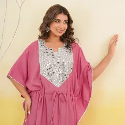 modi factory (Peach) Elegant Mirror Work Kaftan for Women with Designer Neck & Adjustable Waist |Ethnic Wear. image 3