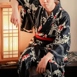 hongh Men's Japanese Traditional Kimono Robe Long Sleeve Spa Bathrobe Easy Wearing Yukata Sleepwear Nightgown Unisex OBI Belt Set image 3