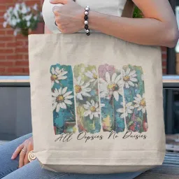 kaigan Cotton Canvas Tote Bag With Zipper And Daisy Design for Women Versatile Shopping Office & Travel image 1