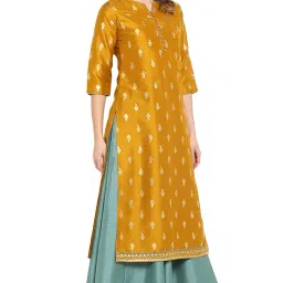 janasya Women's Mustard Silk Blend Gold Print Anarkali Ethnic Dress image 3