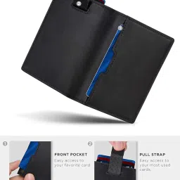 contacts Wallets for Men Slim Mens Genuine Leather RFID Blocking Minimalist Card Front Pocket Bifold Card Holder Wallet with Smart Pull Strap | Folded Currency Slot (Black) image 5