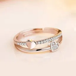 fashion frill Rings For Women AD Studded Rose Gold Plated Heart Design Adjustable Finger Ring For Women Girls Anniversary Gift For Wife Love Gifts Jewellery Combo Rings of 3 image 3